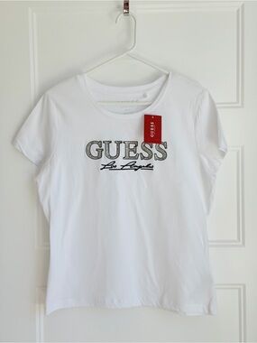 GUESS White Short-Sleeve Logo Tee with Script